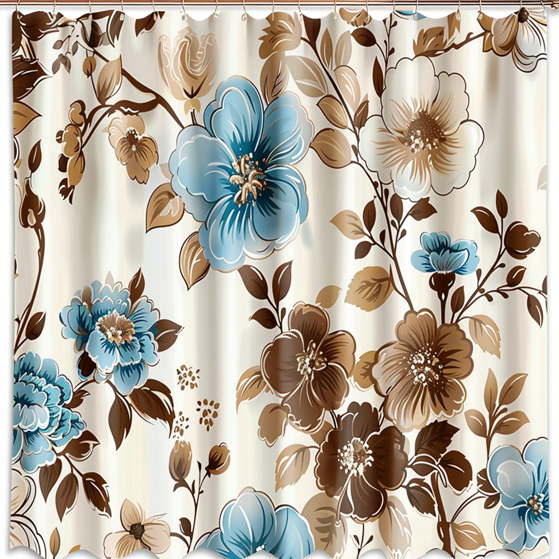Blue Brown Beige Floral Fabric Shower Curtain with Grommets Chinese Art