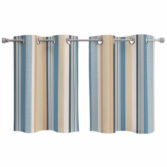 Blue Brown Beige Kitchen Curtains Small Short 39 Inch Length, Boho Farmhouse Abstract Stripes Art Grommet Top Bedroom Living Room Curtains, Light Filtering Cafe Curtain Drapes 2 Panels Set 55''x39''