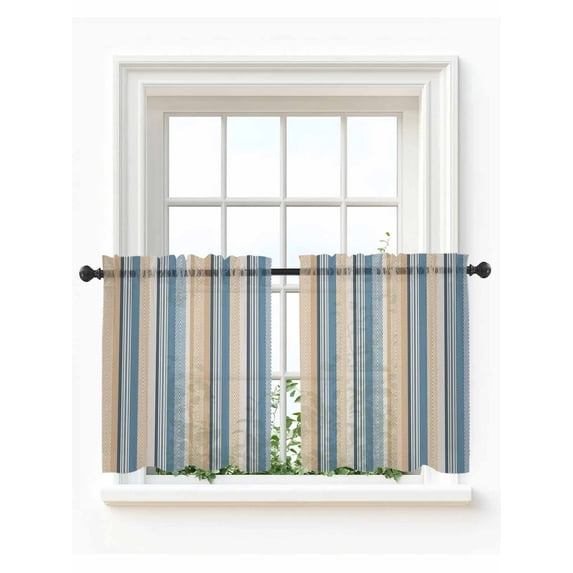 Blue Brown Beige Tier Curtains 36 Inch Length,Sheer Curtains for Bedroom Living Room Window Boho Farmhouse Abstract Stripes Art Rod Pocket Drapes Kitchen Curtains Small Half Window 27.5"x36" 2 Panels