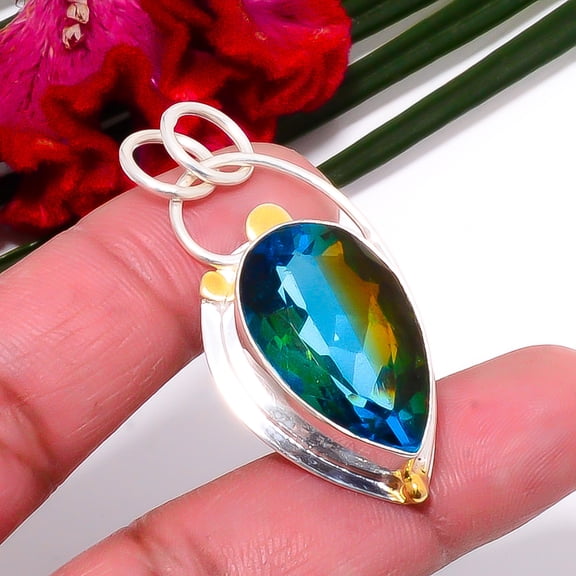 Blue & Brown Bi-Colour Tourmaline 925 Sterling Silver Two Tone Pendant 1.64" S43