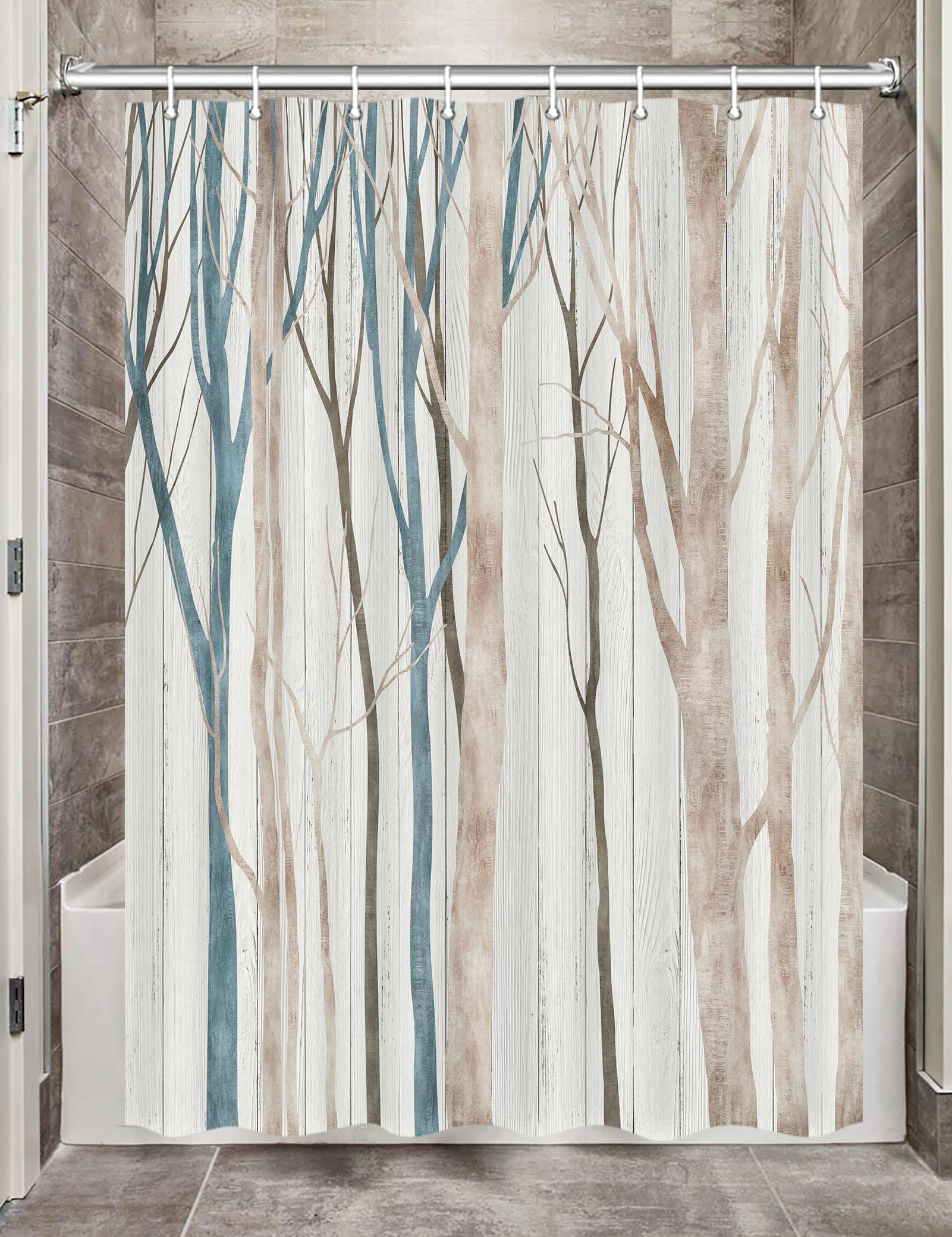 Blue Brown Birch Tree Camper RV Shower Curtain for Travel Trailer Bathroom, Farmhouse Camping