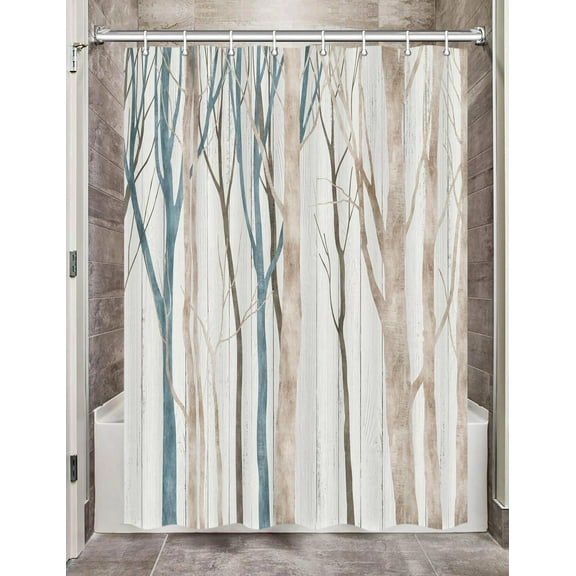 Blue Brown Birch Tree Camper RV Shower Curtain for Travel Trailer Bathroom, Farmhouse Camping Small Narrow Shorter Fabric Shower Curtains Set, Happy Camp Outdoor Decor Accessories with Hooks 47X64