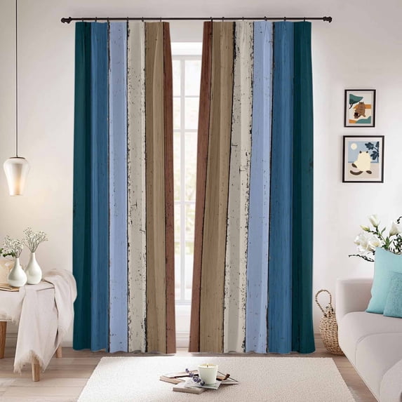 Blue Brown Blackout Curtains for Bedroom/Living Room, Pinch Pleated Black Out Curtains, Farmhouse Wood Grain Vintage Vertical Striped Room Darkening Window Drapes with Hooks 2 Panels, 59"x70"
