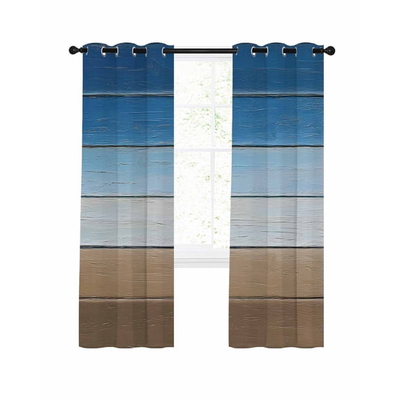 Blue Brown Blackout Curtains, Light Blocking Print Window Curtains, Vintage Farmhouse Gradient Wooden Grain Thermal Insulated Window Drapes for Living Room Kitchen Cafe 2 Panels, 84"W x 63"L