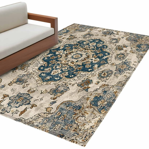 Blue Brown Boho Area Rug 3x5 FT, Non Slip Entryway Bedside Carpet, Ethnic Vintage Southwestern Geometric Washable Soft Floor Carpet Indoor Mat Non-Shedding Throw Rug for Dorm Kitchen Home Office