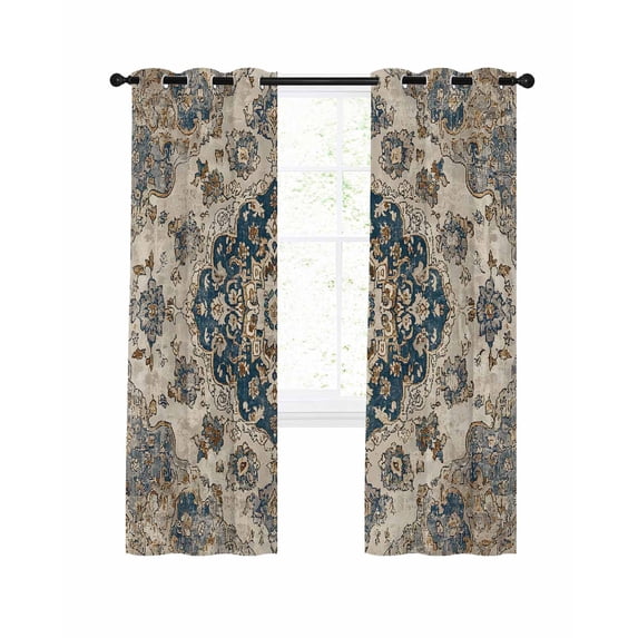 Blue Brown Boho Blackout Curtains, Light Blocking Print Window Curtains, Ethnic Vintage Southwestern Geometric Thermal Insulated Window Drapes for Living Room Kitchen Cafe 2 Panels, 104"W x 52"L