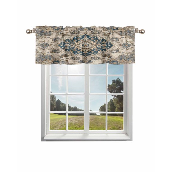 Blue Brown Boho Kitchen Curtain Valances for Windows Farmhouse Short Curtains, Ethnic Vintage Southwestern Geometric Rod Pocket Valance Curtain for Bedroom Cafe Living Room 42"x18"