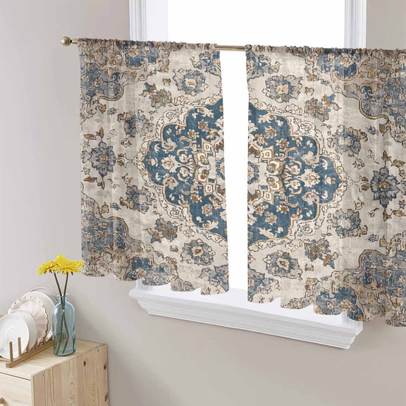 Blue Brown Boho Semi Sheer Curtains 45 Inch Length 2 Panels Set, Ethnic Vintage Southwestern Geometric Sheer Kitchen Curtain Privacy Voile Window Curtain for Living Room Bedroom Rod Pocket Drapes