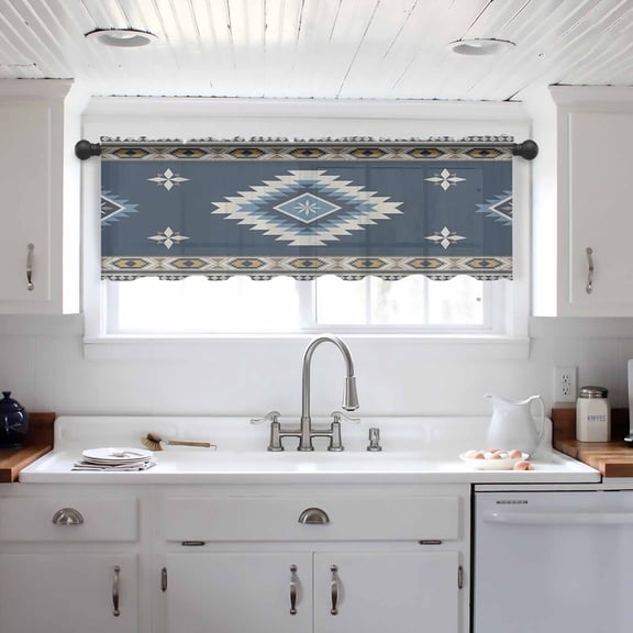 Blue Brown Boho Valance Curtains for Kitchen/Living Room/Bathroom/Bedroom Window, Country Southwest Tribal Abstract Motifs Rod Pocket Small Topper Half Short Window Curtains Sheer Scarf 54"x18"