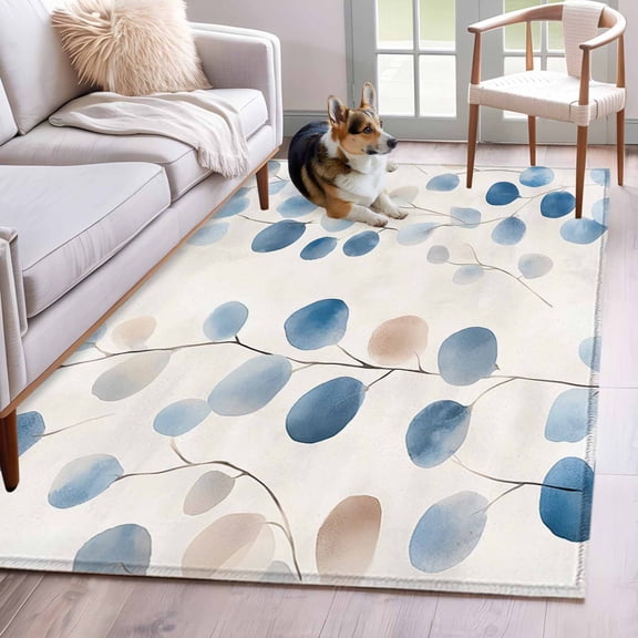 Blue Brown Botanical Area Rug 4x6 Washable Rug Non Slip Pastoral Summer Leaves Watercolor Large Area Rug Indoor Floor Carpet for Entryway Bedroom Kitchen Living Room Home Office Dining Room Nursery