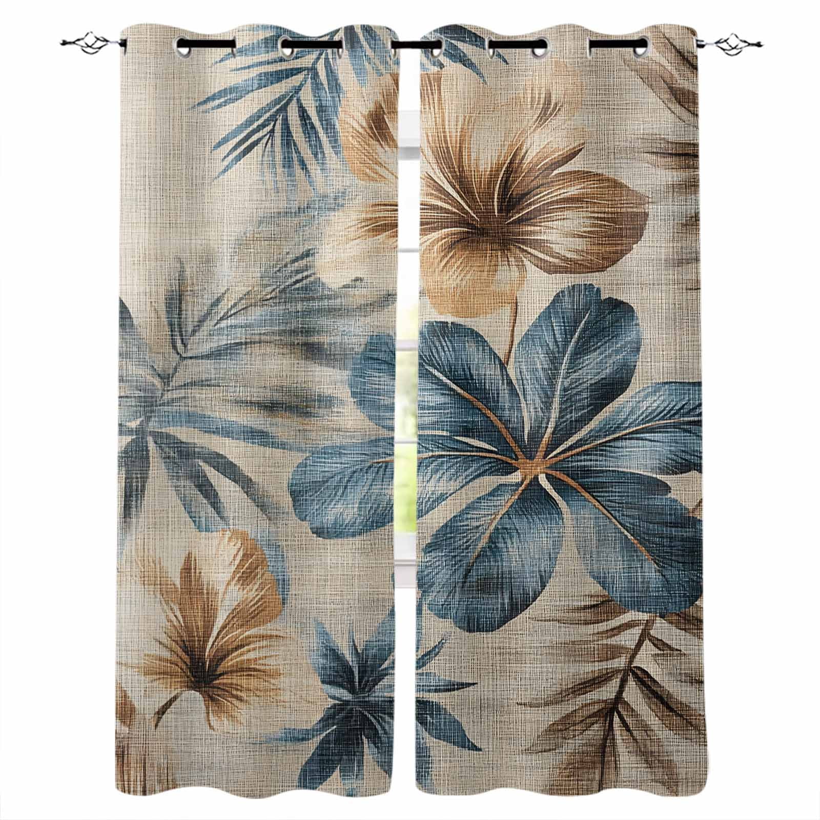 Blue Brown Botanical Kitchen Curtains Farmhouse Flowers Summer Cafe ...