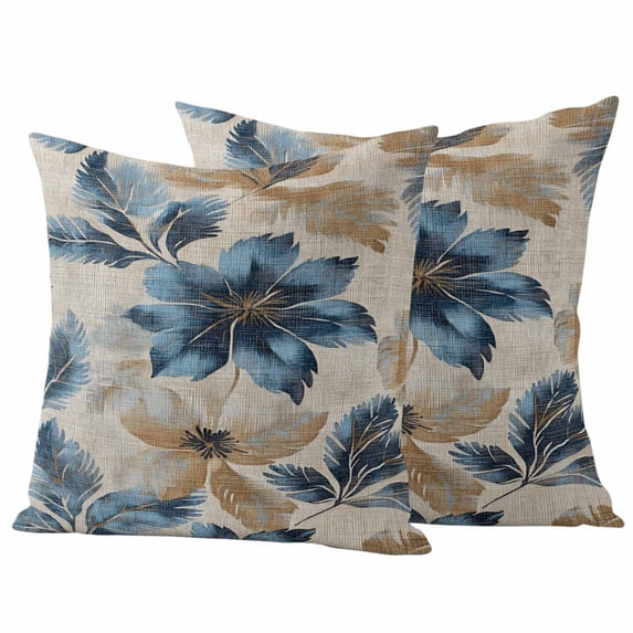 Blue Brown Botanical Outdoor Waterproof Pillow Covers, Elegant Summer Flowers Vintage Decorative Square Throw Pillowcase Sofa Cushion Sham for Patio/Couch/Chair, 24"x24" 2 Pack