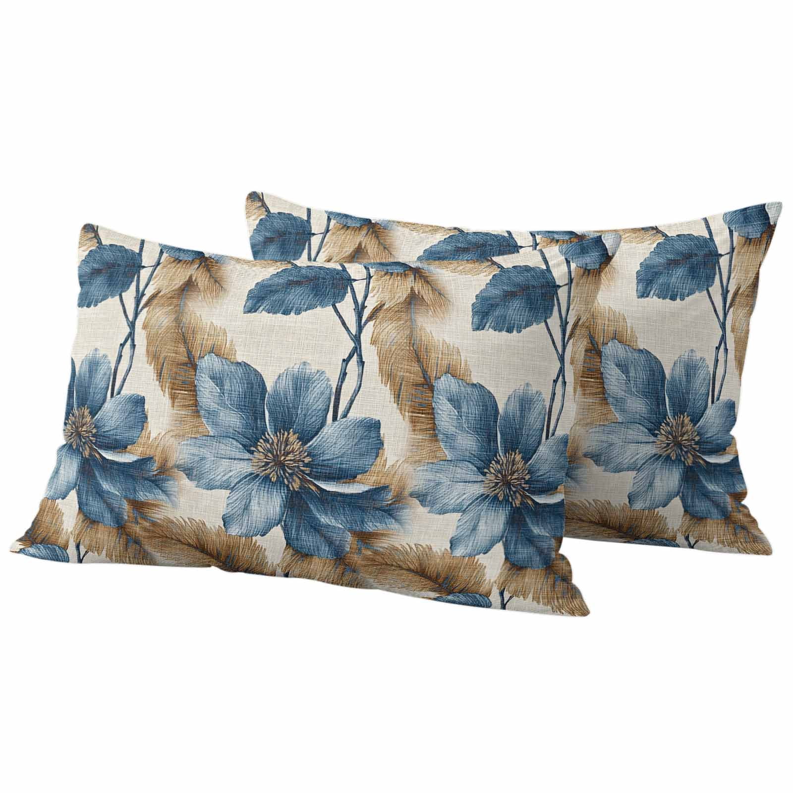 Blue Brown Botanical Outdoor Waterproof Pillow Covers, Flowers Vintage Summer Decorative Rectangle Throw Pillowcase Sofa Cushion Sham for Patio/Couch/Chair, 20"x12" 2 Pack