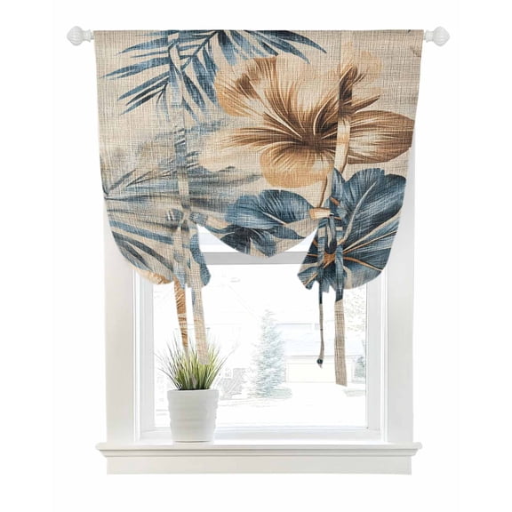 Blue Brown Botanical Tie Up Curtains for Window, Thermal Insulated Balloon Shade Adjustable Rod Pocket Curtains Valance Panels for Kitchen Bathroom Cafe 52 x 63 Farmhouse Flowers Summer