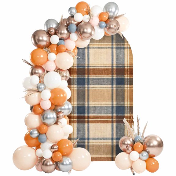Blue Brown Checked Arch Backdrop Cover 7.2Ft, Wedding Arch Covers Stretchy Backdrop, Beige Buffalo Plaid Farmhouse Fitted 2 Sided Arched Photo Background for Birthday Party Decorations