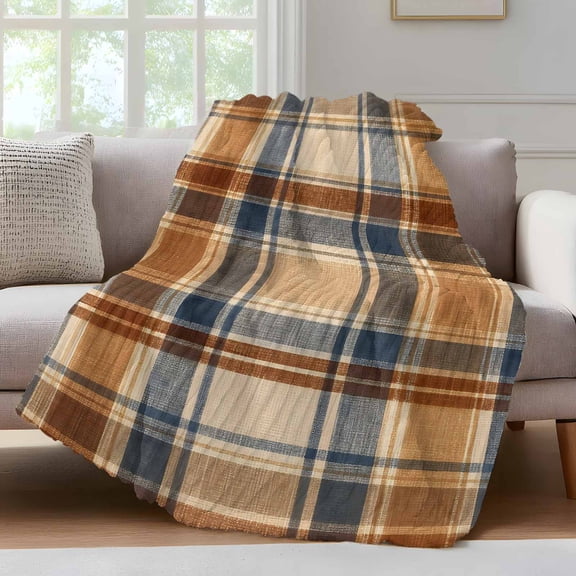 Blue Brown Checked Fleece Throw Blanket for Couch, Beige Buffalo Plaid Farmhouse Microfiber Flannel Blanket for All Season, Lightweight Soft Throw Blankets for Baby, Kids, Pets, 30"x40"