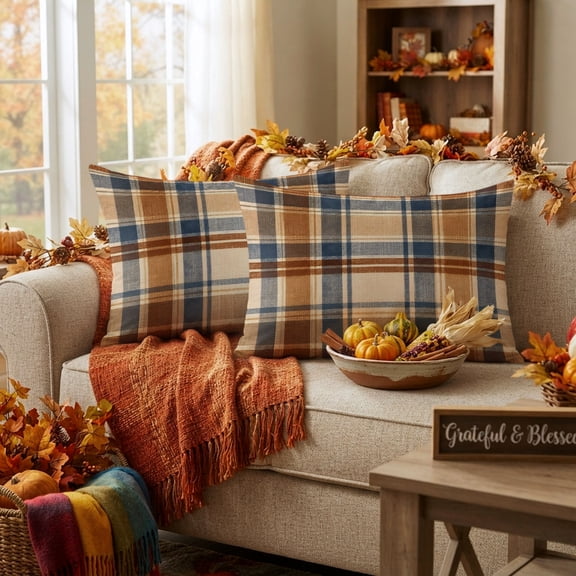 Blue Brown Checked Lumbar Pillow Covers 12x20 Inch, Beige Buffalo Plaid Farmhouse Decorative Pillowcase with Zipper, Microfiber Pillow Protector, Breathable Throw Pillowcases for Sofa Bed Living Room