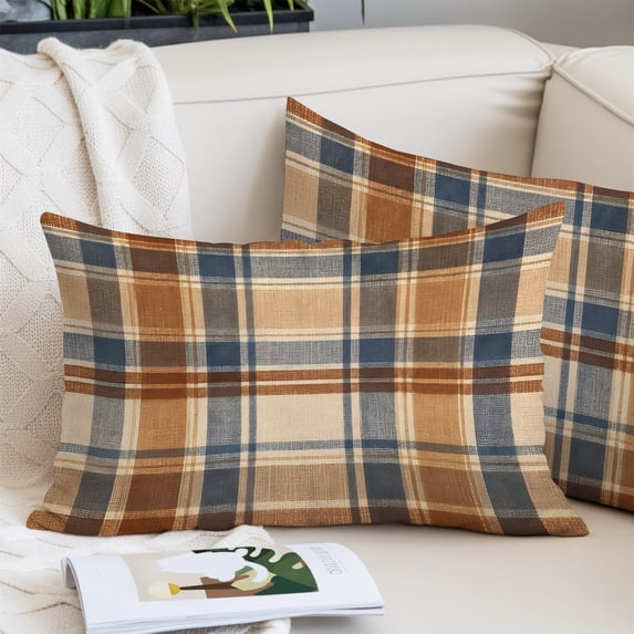 Blue Brown Checked Pillow Covers 24"x36", Beige Buffalo Plaid Farmhouse Soft Brushed Microfiber Breathable Throw Pillow Covers, Decorative Pillowcase with Zipper for Couch Sofa Bedroom Living Room