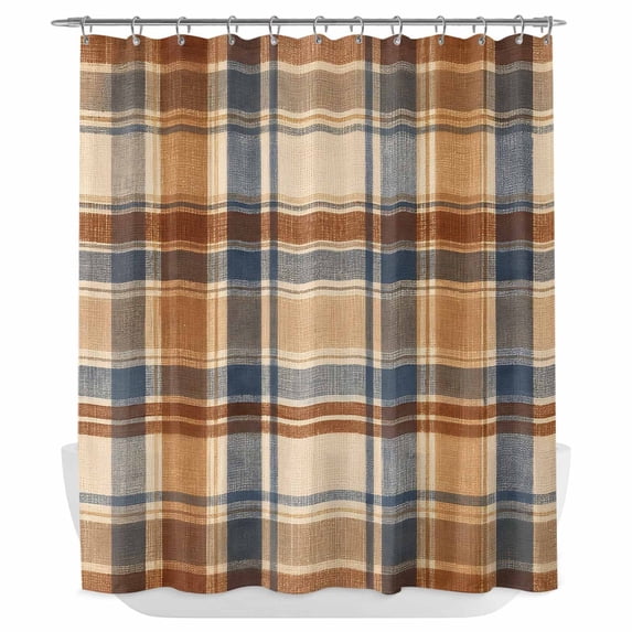 Blue Brown Checked Shower Curtain - Water Repellent Fabric Shower Curtains Washable, Beige Buffalo Plaid Farmhouse Decorative Polyester Cloth Bathroom Curtains Modern Bath Decor 72"x84"