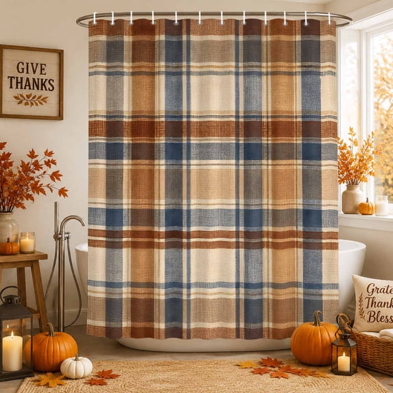 Blue Brown Checked Shower Curtains for Bathroom, Beige Buffalo Plaid Farmhouse Waterproof Fabric Shower Curtain, Decorative Bathroom Curtain for Bathtub, 72"x84", No Hooks Included