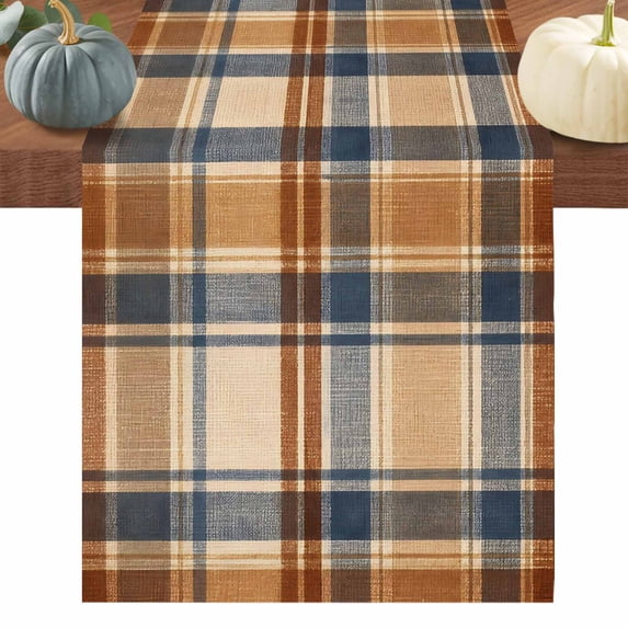 Blue Brown Checked Table Runner 90 Inches Long, Beige Buffalo Plaid Farmhouse Cotton Linen Table Runners Dresser Scarves, Decorative Fabric Tabletop Scarf Furniture Cover for Dinner Party 13"x90"