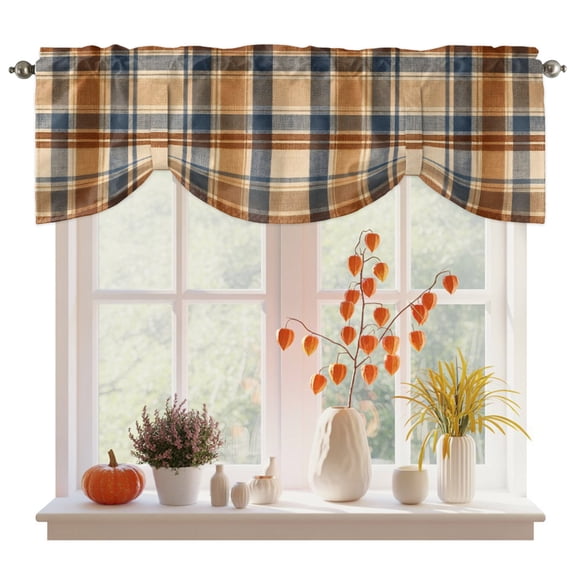 Blue Brown Checked Tie Up Valance Curtains for Windows, Kitchen Curtains Window Treatments, Beige Buffalo Plaid Farmhouse Short Window Shades Valances for Bedroom Bathroom Cafe 54"x18"