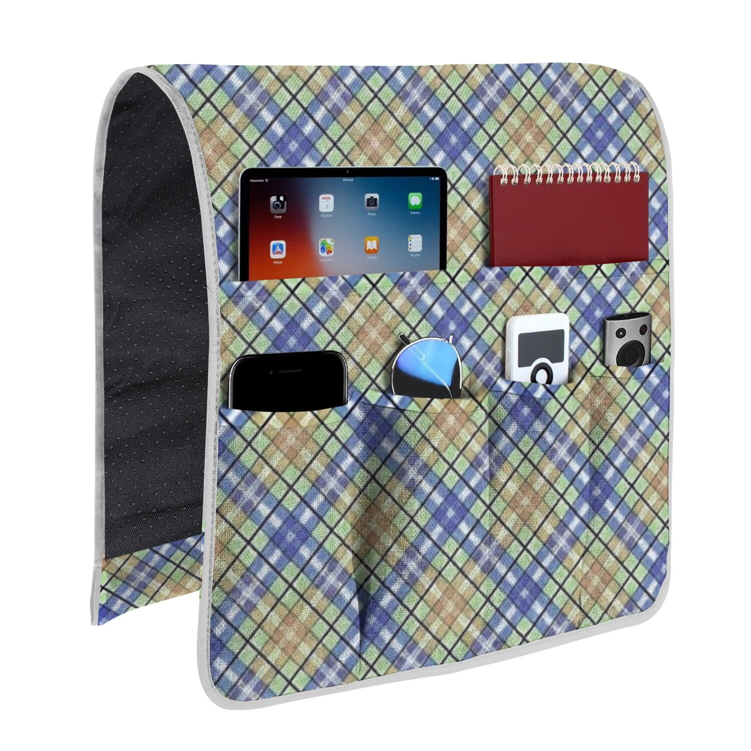 Blue and Brown Checkered Pattern Armrest Organizer, Bedside Hanging ...