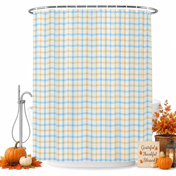 Blue Brown Checkered Shower Curtain Set - Long 72" x 84" Washable Bathtub Curtain with 12 Hooks, Modern Farmhouse Buffalo Plaid Waterproof Fabric Stall Shower Curtains for Bathroom/Bathtub Décor
