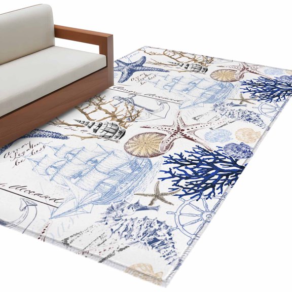 Blue Brown Coastal Area Rug 3x5 FT, Non Slip Entryway Bedside Carpet, Summer Beach Nautical Coral Starfish Washable Soft Floor Carpet Indoor Mat Non-Shedding Throw Rug for Dorm Kitchen Home Office