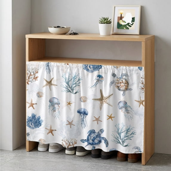 Blue Brown Coastal Cabinet Curtain 35"Wx35"L,Dustproof Under Sink Skirt with Self Adhesive Tape,Nautical Summer Beach Sea Turtle Cabinet Curtain Cover for Kitchen Sink,Bathroom Vanity,Laundry Room