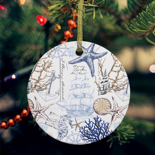 Blue Brown Coastal Ceramic Ornaments, Summer Beach Nautical Coral Starfish Round Porcelain Hanging Ornaments with Gold String, Xmas Decorations Keepsake Gifts for Holiday Home Party 3''