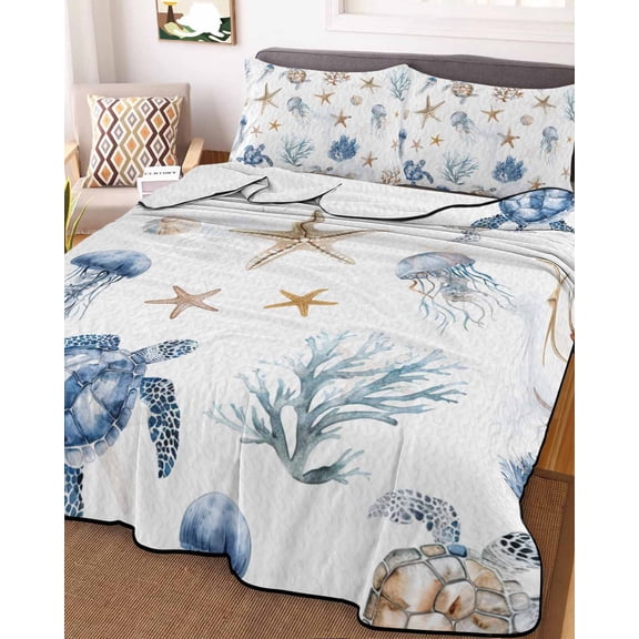 Blue Brown Coastal Full Size Down Alternative Comforter, Lightweight Comforter Quilt Bedding Set with Pillow Shams Nautical Summer Beach Sea Turtle All Seasons Bed Comforter Duvet Insert 78"x90"