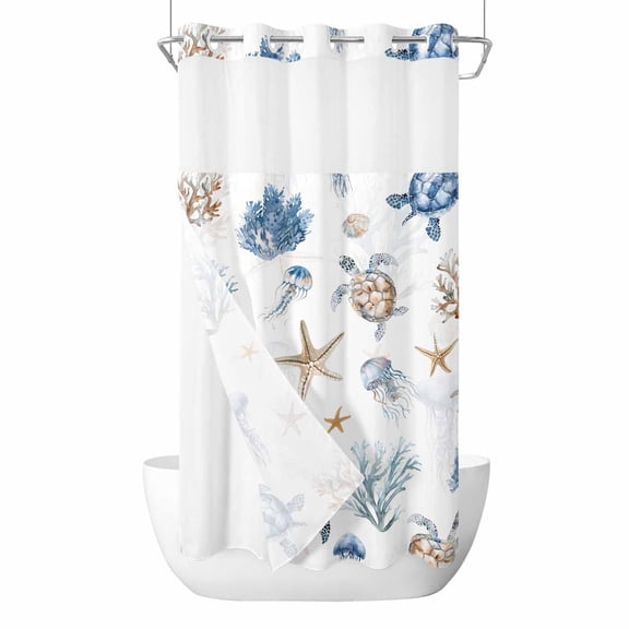 Blue Brown Coastal No Hook Shower Curtain with Snap in Liner, Nautical Summer Beach Sea Turtle Double-Layer Waterproof Shower Curtains for Bathroom Hotel Bathtub, Mesh Top & Small Stall 36"x72"