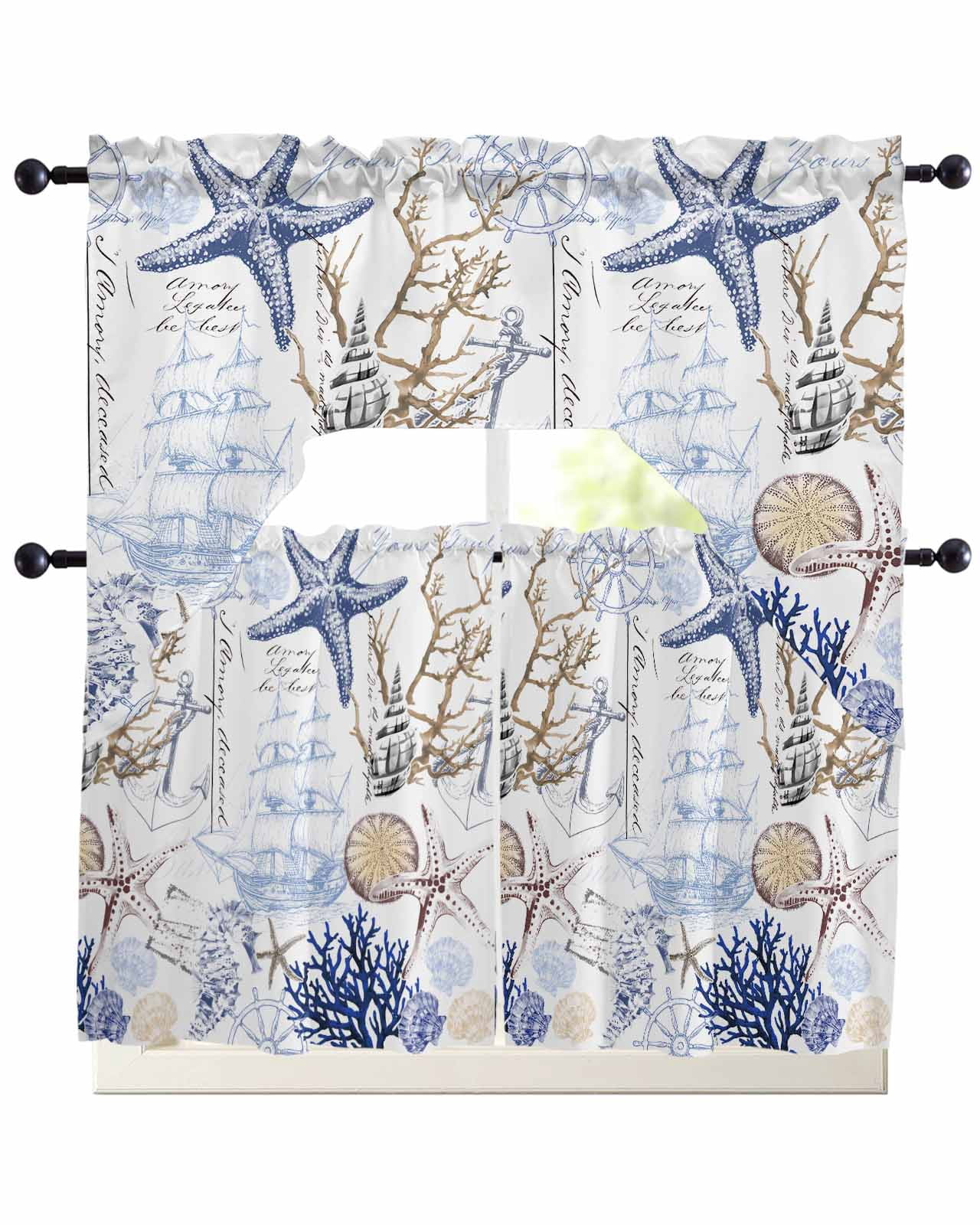Tayney Seashells Kitchen Window Curtain Set - Valance & Tier, 36 Inch, Rod Pocket, Watercolor Print