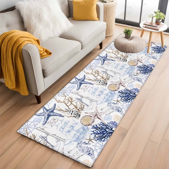 Blue Brown Coastal Kitchen Runner Rug 2x6 Washable Runners for Hallway Non Slip Summer Beach Nautical Coral Starfish Large Area Rug Indoor Floor Carpet for Bathroom Laundry Entryway Bedroom