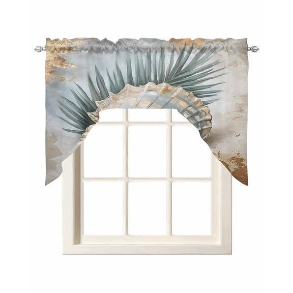 Blue Brown Coastal Kitchen Swag Valances for Windows, Summer Beach Conch Palm Leaf Swag Valances Curtains for Living Room, Rod Pocket Window Treatments for Bathroom, Bedroom, Cafe, 56"x36"