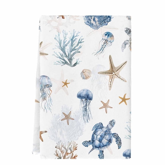 Blue Brown Coastal Kitchen Towels Set of 1, Absorbent Microfiber Dish Tea Towels with Hanging Loop, Nautical Summer Beach Sea Turtle Resuable Hand Towel for Home Kitchen Cooking Cleaning 18"x28"