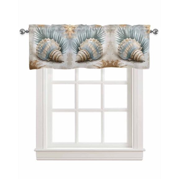 Blue Brown Coastal Kitchen Valances for Windows Farmhouse Linen Window Valance Curtain for Living Room Window Treatment Summer Beach Conch Palm Leaf Valance Rod Pocket Topper Drape, 42 x 18 Inch