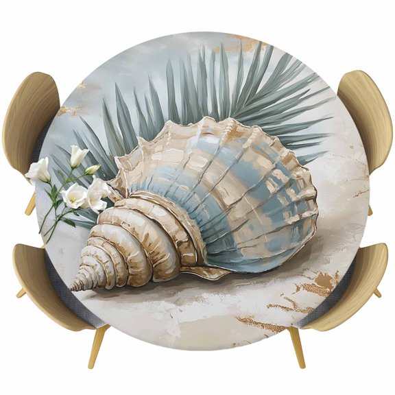 Blue Brown Coastal Round Tablecloth 36-44 Inch Round Fitted Table Cloth with Elastic Edge, Summer Beach Conch Palm Leaf Waterproof Table Cover Protector for Outdoor Picnic Party Dining