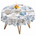 thumbnail image 1 of Blue Brown Coastal Round Tablecloth 54 inches Summer Coral Starfish Shell Wood Grain Waterproof Oil-Proof Table Cloth Round Table Cover for Holiday Party Picnic Dinner Decor Indoor and Outdoor Use, 1 of 9