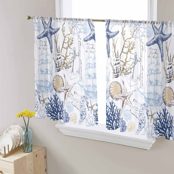 Blue Brown Coastal Sheer Curtains 54 Inches Length 2 Panels Set, Window Sheer Curtains for Living Room/Bedroom, Summer Beach Nautical Coral Starfish Light Filtering Rod Pocket Curtain 52'' x 54'' x 2