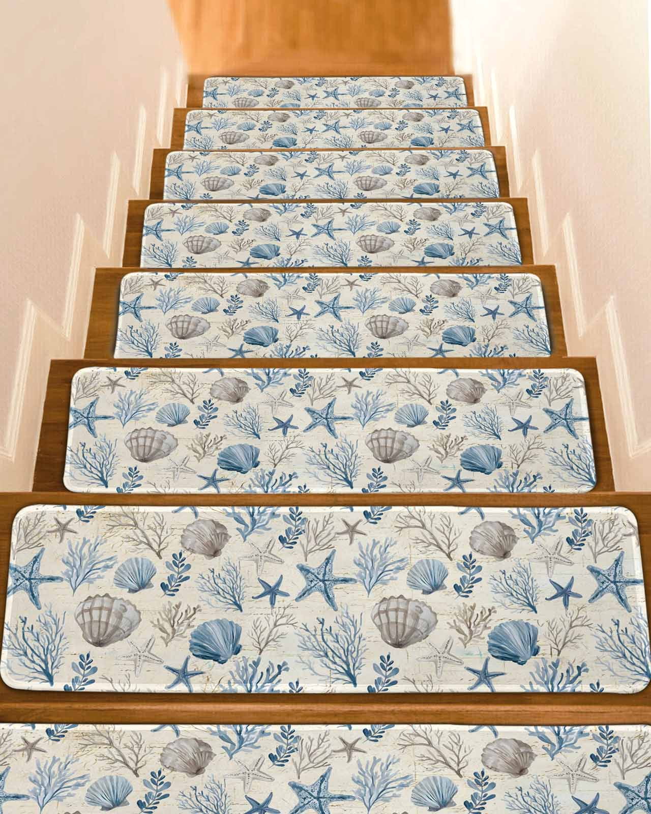 Blue Brown Coastal Stair Treads Summer Coral Starfish Shell Vintage ...