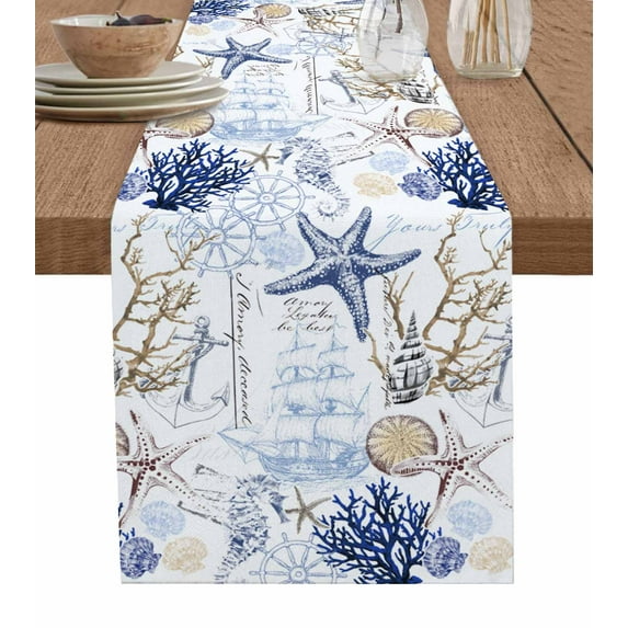 Blue Brown Coastal Table Runner Summer Beach Nautical Coral Starfish Tablerunners 13 x 70 Inch, Table Decorations Tabletop Scarf for Summer Gathering Holiday Farmhouse Kitchen Dining Decor
