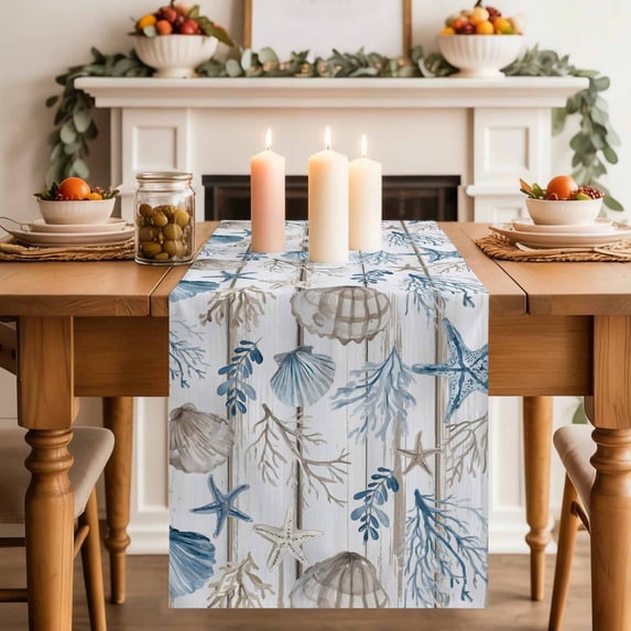 Blue Brown Coastal Table Runner, Summer Coral Starfish Shell Wood Grain Cotton Linen Kitchen Table Decoration Washable Dining Tabletop Runners for Home Party Decor 13x72 Inches