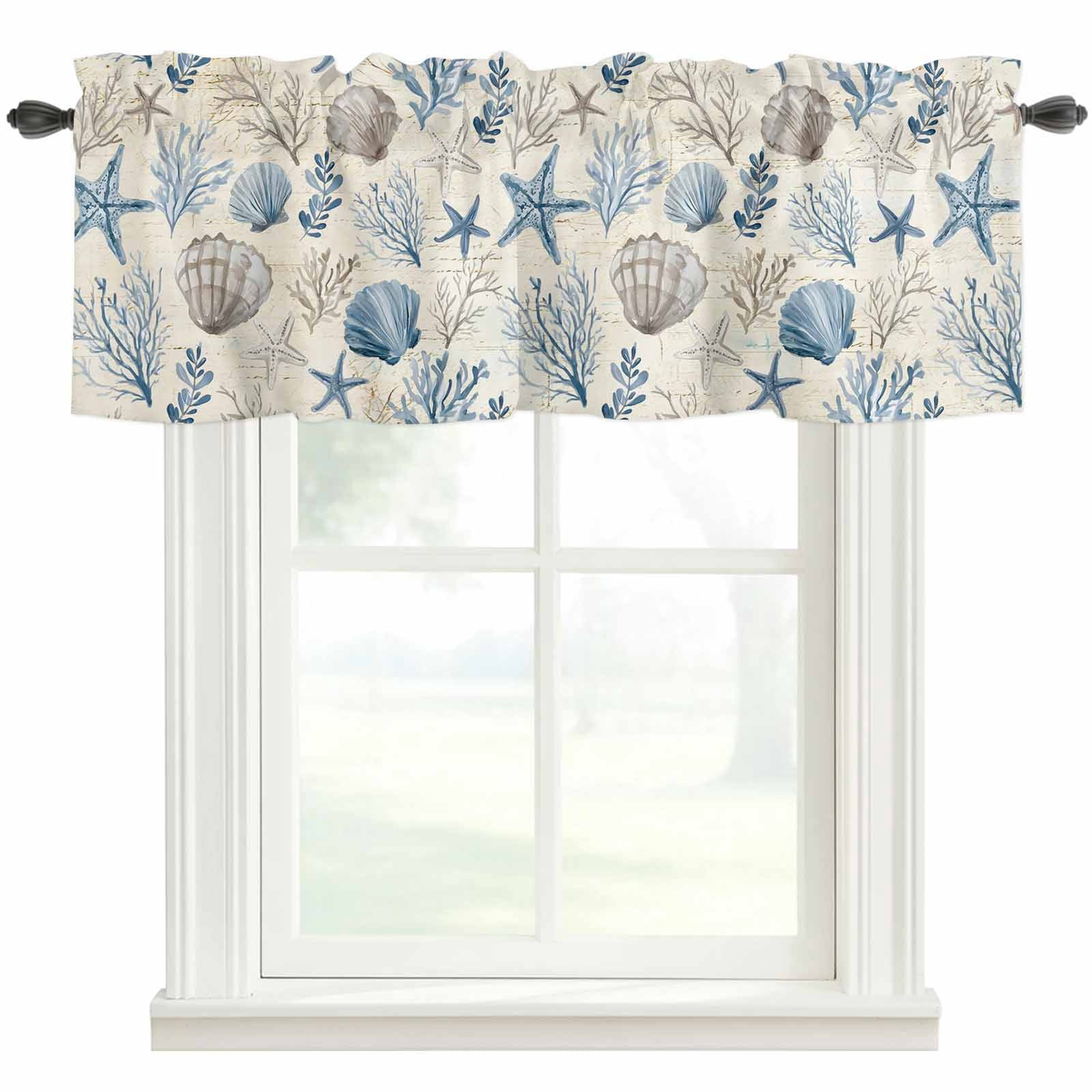 Blue Brown Coastal Valances for Windows Summer Coral Starfish Shell ...