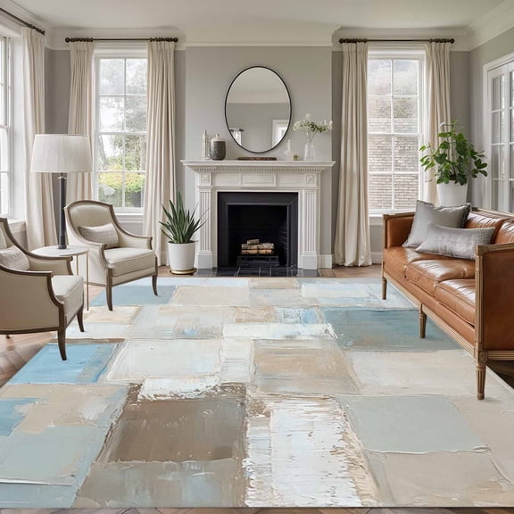 Blue Brown Color Blocks 6'x9' Area Rug for Living Room, Modern Abstract Oil Painting Art Non-Slip Floor Mat Rugs for Bedroom Dining Room, Indoor Large Carpet for Classroom, Nursery Rugs for Playroom