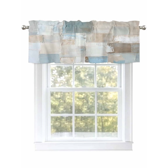 Blue Brown Color Blocks Curtain Valances for Windows, Modern Abstract Oil Painting Art Kitchen Valance Window Treatment, Light Filtering Block Curtains for Bathroom/Bedroom/Living Room 42'' x 18''