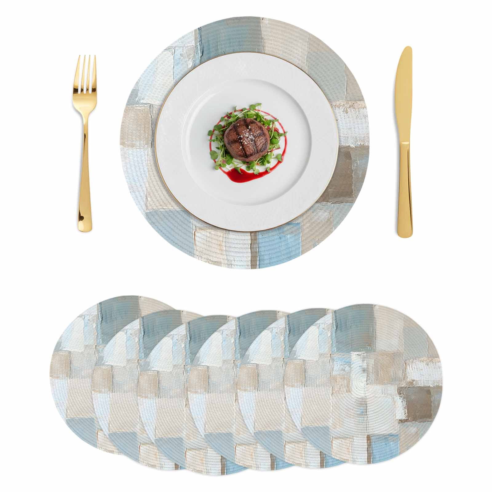 Blue Brown Color Blocks Round 13 Inch Placemats Set of 6, Modern ...