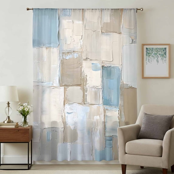 Blue Brown Color Blocks Sheer Curtains 45 Inches Long, Abstract Oil Painting Geometric Light Filering Curtains, Breathable Simi Curtain Privacy Drapes for Kitchen Bathroom Small Window Treatment