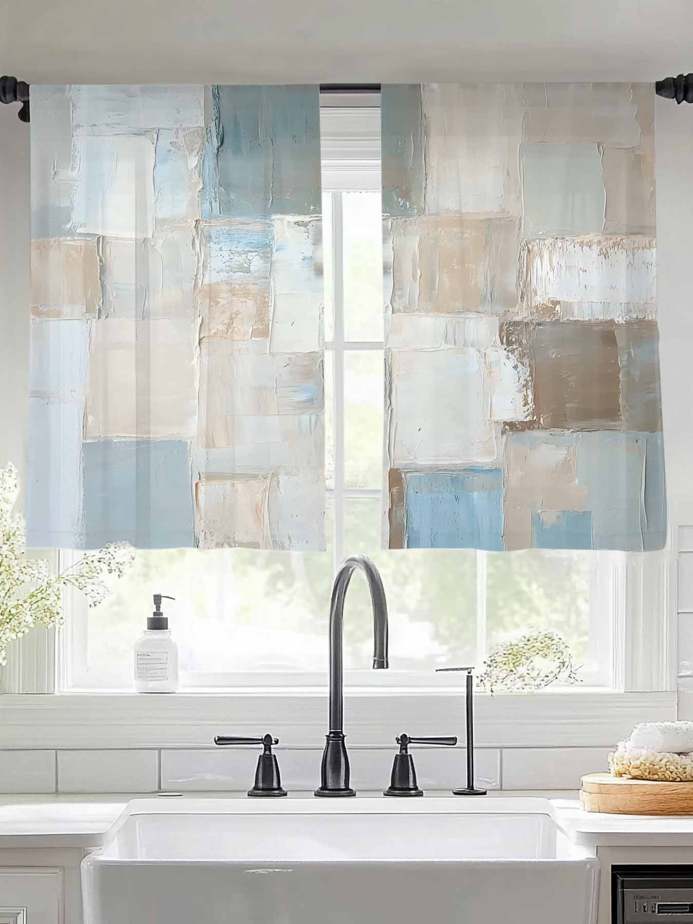 Blue Brown Color Blocks Sheer Curtains for Living Room Bedroom Modern